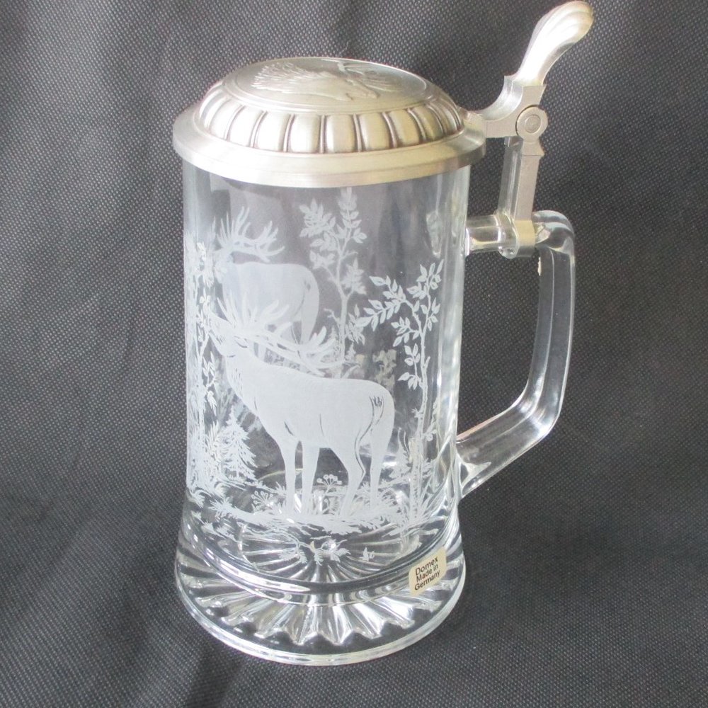 Beautiful German wildlife-etched beer mug with pewter lid